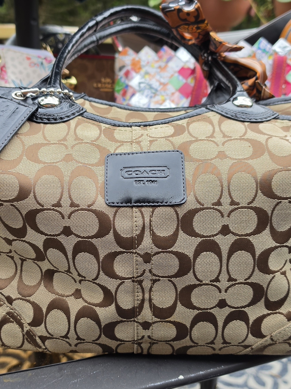 Coach Signature Bleecker Tote Brown Tan Jacquard Black Leather F14385